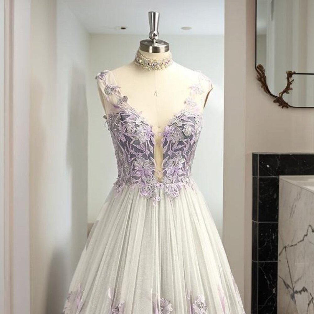 A-Line/Princess V-neck Sleeveless Applique Floor-Length Dress White w/Purple